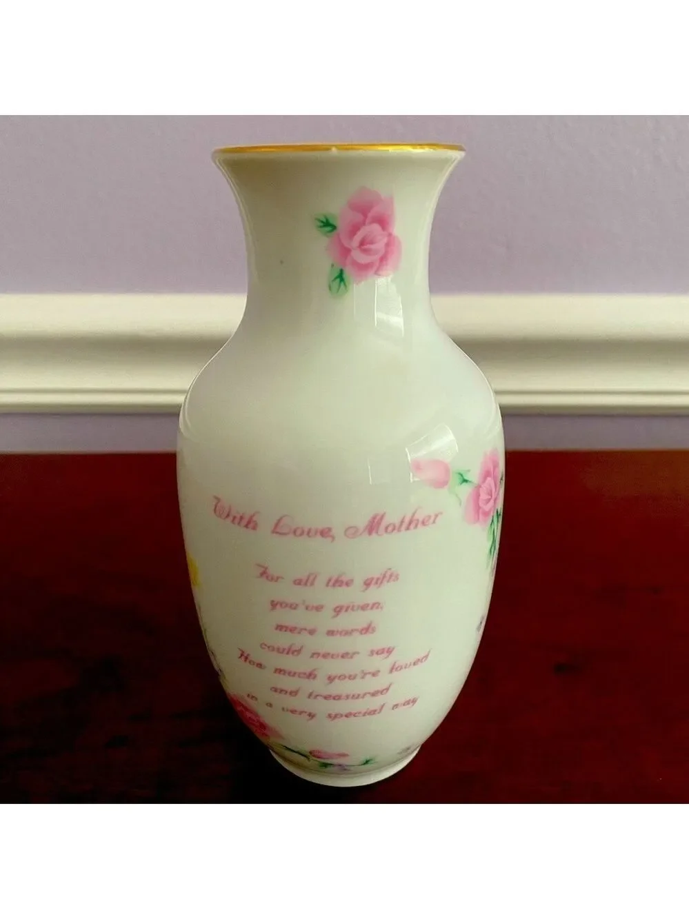 EUC Russ Berrie Fine Porcelain Mother's Vase | Pink Flowers & Gold Trim